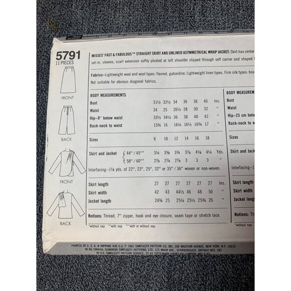 Simplicity Misses Skirt Jacket Sewing Pattern sz 8-12 5791 - uncut - Picture 4 of 9